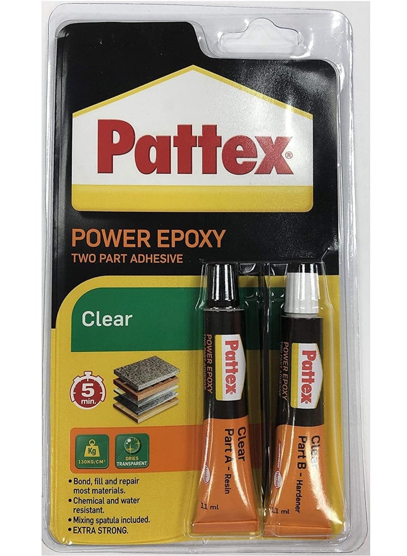 Pattex Power Epoxy Clear Two-Component Adhesive - Dries in 5 Minutes - Superior Bond Strength Up to 130 Kg/cm² - Bonds, Fills and Repairs Most Materials - Chemical and Water Resistant - Mixing Spoon Included - Extra Strength and Durability