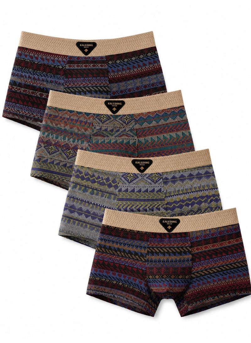 4-Pack Men's Ethnic Print Boxer Briefs, Soft Breathable Stretch Underwear, Comfortable Daily Trunks, Multicolor - Image 1