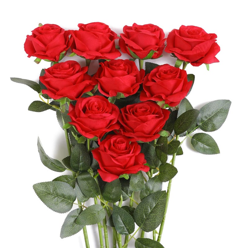 JUSTOYOU 10 PCS Red Rose ArtificialSilk Red Flowers Realistic BouquetSingle Long Stem Fake Roses for Home Table Office Party Wedding Garden Arrangements10 PCSRed