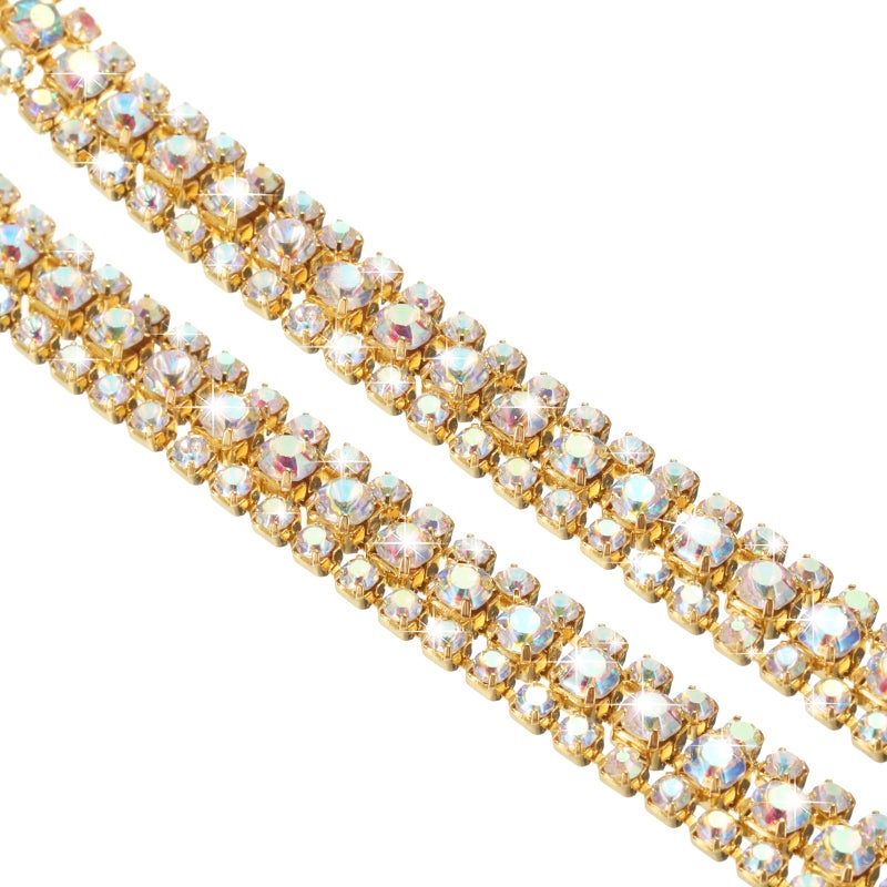 uxcell 1 Yard 3 Rows Crystal Rhinestone Close Chain Trim, Crystal Rhinestone Diamond Strips Rhinestone Bling Sewing Embellishments (9mm, AB and Dark Green Rhinestone with Gold Base) - Image 1