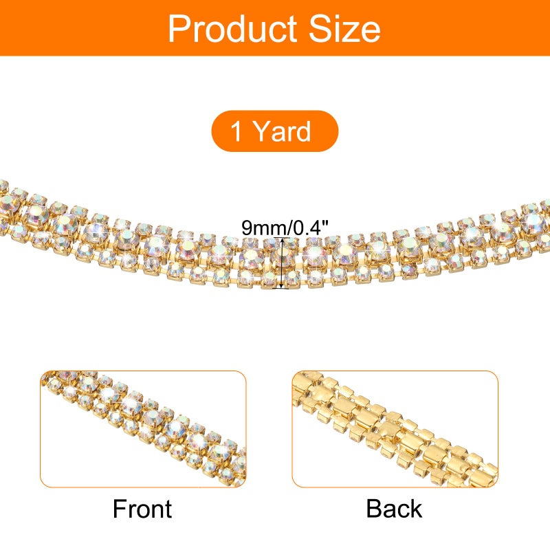 uxcell 1 Yard 3 Rows Crystal Rhinestone Close Chain Trim, Crystal Rhinestone Diamond Strips Rhinestone Bling Sewing Embellishments (9mm, AB and Dark Green Rhinestone with Gold Base) - Image 2