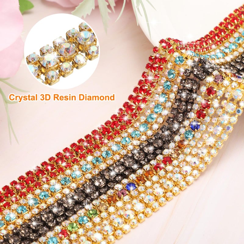 uxcell 1 Yard 3 Rows Crystal Rhinestone Close Chain Trim, Crystal Rhinestone Diamond Strips Rhinestone Bling Sewing Embellishments (9mm, AB and Dark Green Rhinestone with Gold Base) - Image 4