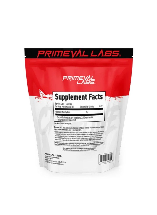 Primeval Labs - Creatine Monohydrate Powder ; On The Go Stick Packs ; Easy To Mix ; 5G Creatine Per Serving ; 30 Servings (Unflavored) - Image 1