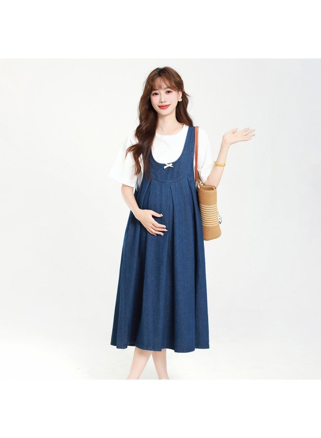 Bornbay Maternity Dress Two-piece Set, Denim Skirt, Versatile Youthful Princess Dress, Loose Belly-covering Maternity Outfit For Summer - Image 2