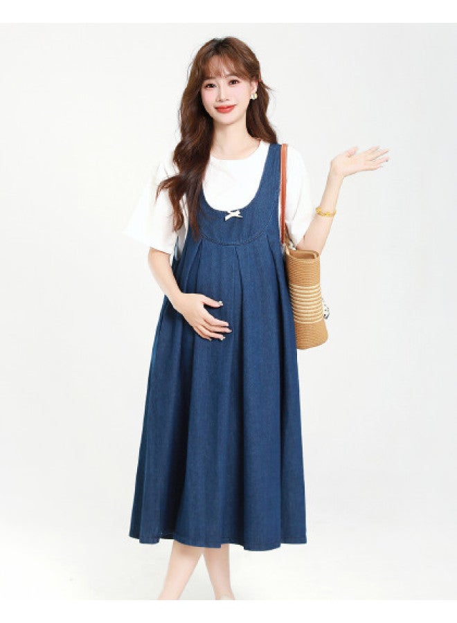 Bornbay Maternity Dress Two-piece Set, Denim Skirt, Versatile Youthful Princess Dress, Loose Belly-covering Maternity Outfit For Summer - Image 1