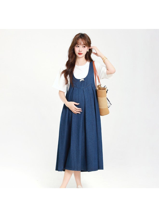Bornbay Maternity Dress Two-piece Set, Denim Skirt, Versatile Youthful Princess Dress, Loose Belly-covering Maternity Outfit For Summer - Image 5