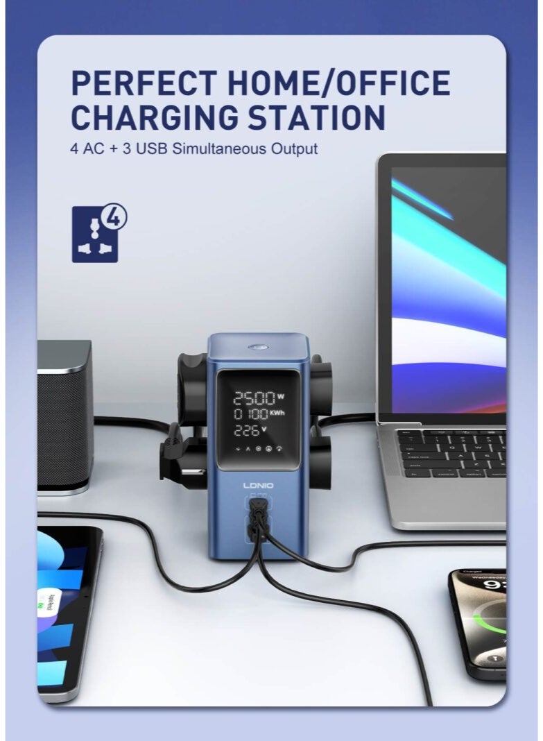 لدنيو موزع طاقة عالمي مزود بشحن سريع PD بقدرة 45 واط، ومنفذي شحن USB-C وUSB-A، ومقبس طاقة تمديد بقدرة 2500 واط، ومحطة شحن مكتبية متعددة المنافذ لأجهزة الكمبيوتر المحمولة والهواتف الذكية والأجهزة اللوحية، للاستخدام المنزلي والمكتبي ومحطات العمل. - Image 2