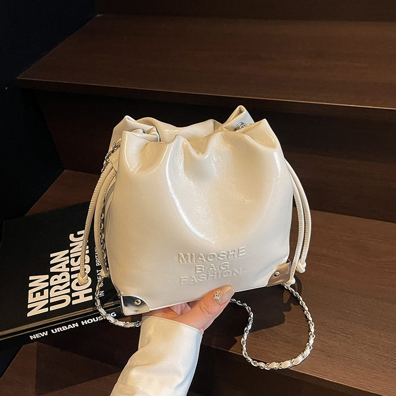 Popular Simple Small Bag Women'S Fashion Soft Leather Drawstring Bucket Bag Texture Chain Messenger Bag - Image 4