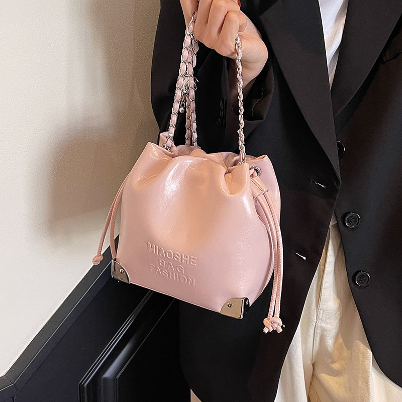 Popular Simple Small Bag Women'S Fashion Soft Leather Drawstring Bucket Bag Texture Chain Messenger Bag - Image 5