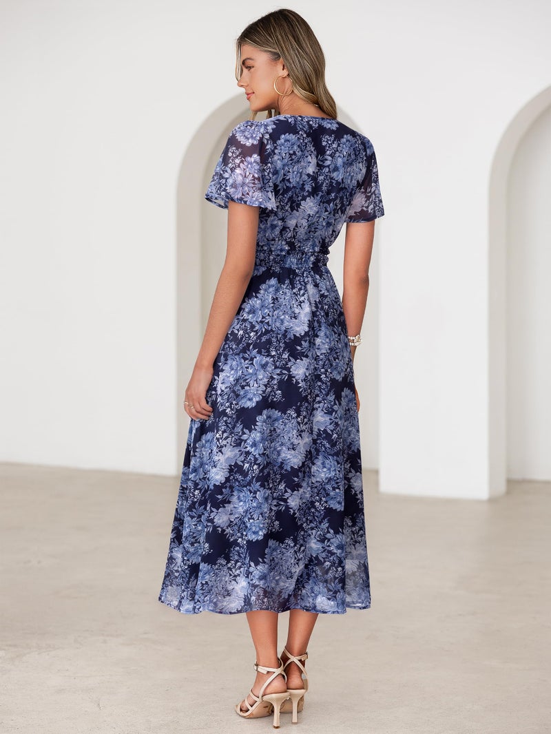 Simplee Women Floral Summer Maxi Dress Boho Flowy Casual Chiffon Short Sleeves V Neck Long Wedding Guest Dresses Navy Blue Floral L - Image 4