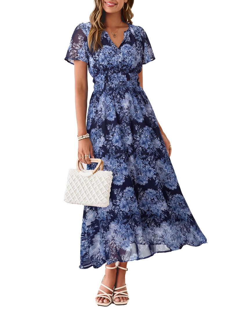 Simplee Women Floral Summer Maxi Dress Boho Flowy Casual Chiffon Short Sleeves V Neck Long Wedding Guest Dresses Navy Blue Floral L - Image 1