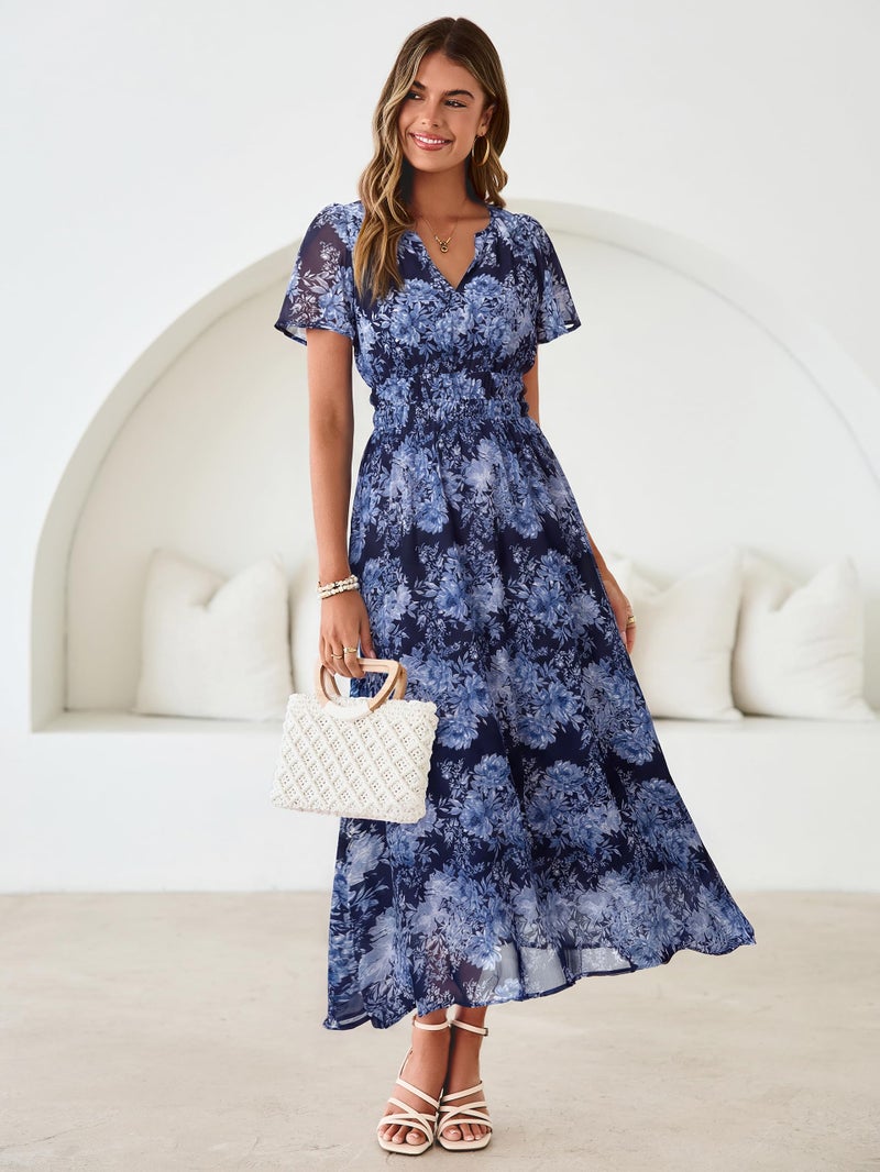 Simplee Women Floral Summer Maxi Dress Boho Flowy Casual Chiffon Short Sleeves V Neck Long Wedding Guest Dresses Navy Blue Floral L - Image 3