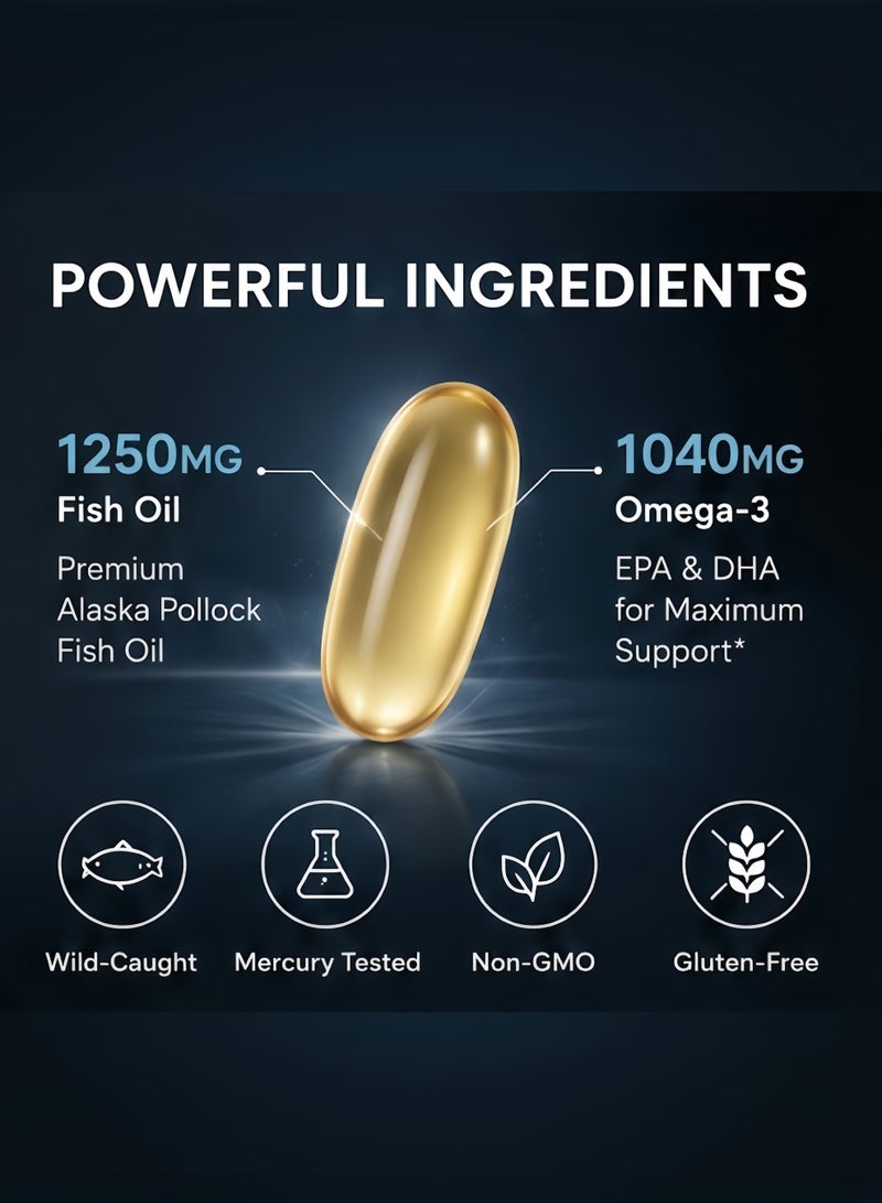 Omega-3,triple Strength, 1250 Mg, Made with ALASKAOMEGA, with Triglyceride EPA & DHA | Heart, Brain & Joint Support | IFOS 5 Star Certified, Non-GMO & Gluten Free - 90 Softgels - Image 3