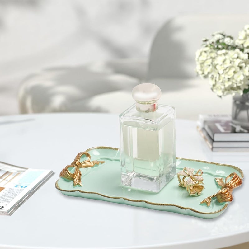 Warmtree Vintage Decorative Tray Jewelry Tray Towel Tray Storage Tray Rings Necklace Bracelets Earrings Trays Cosmetics Jewelry Organizer Retro Design Bow Decor Resin Plate Coquette Room Decor (Green) - Image 4