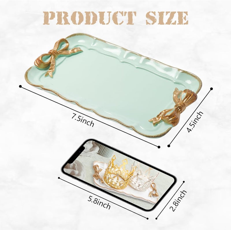 Warmtree Vintage Decorative Tray Jewelry Tray Towel Tray Storage Tray Rings Necklace Bracelets Earrings Trays Cosmetics Jewelry Organizer Retro Design Bow Decor Resin Plate Coquette Room Decor (Green) - Image 2