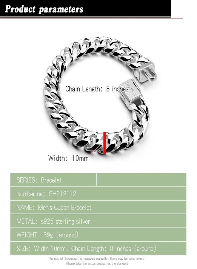 Dankadi Men 925 Sterling Silver Solid Miami Cuban Link Chain Bracelet -10MM - 12MM- Curb Cuban Bangle 7" 7.5" 8" 8.5" 9" 9.5"10" Thick Big Link Man Teen Boys Jewelry Gift, 8 inches, no gemstone - Image 3