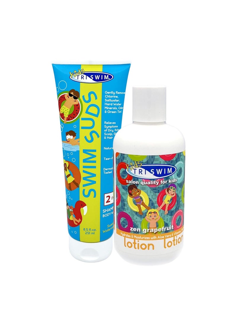 Triswim TRISWIM Kids Swim Suds  Lotion Set 85 fl oz Each  Natural TearFree 2in1 Kids Swim Shampoo Chlorine RemovalBody Wash  Hydrating Lotion Set  Gentle ChlorineOut Solution for Kids Clean 