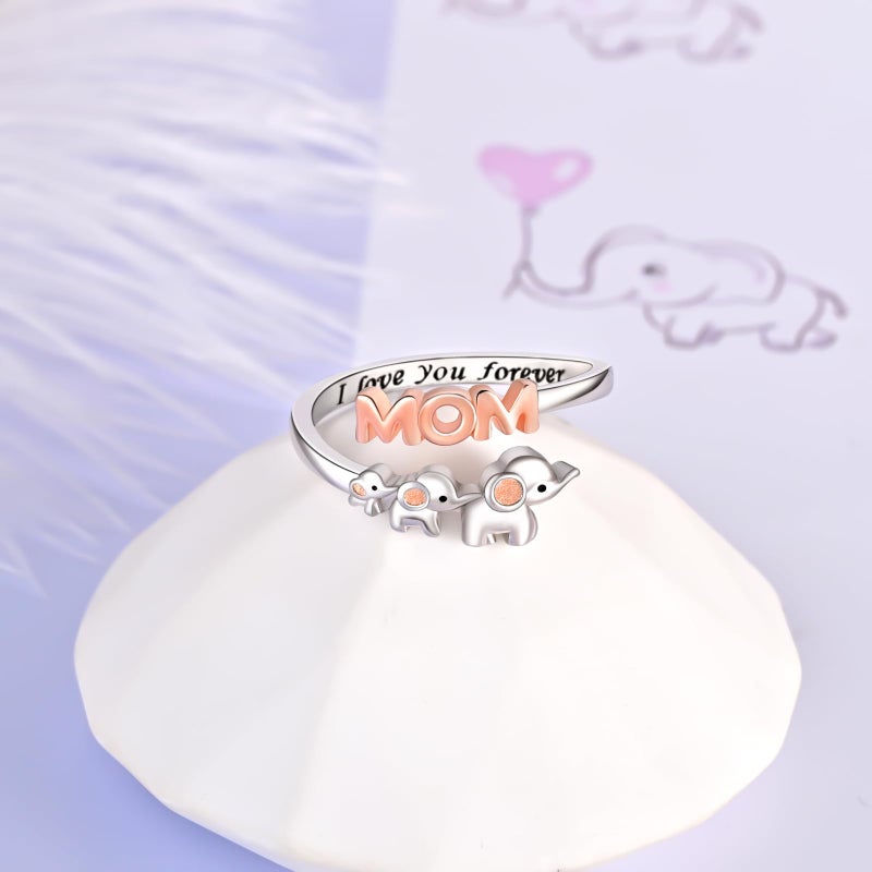 ACJNA 925 Sterling Silver Elephant Ring Mother Daughter Open Love Ring Rose Gold Heart Finger Adjustable Engraved Rings Jewelry for Women Wife Mom Nana - Image 2