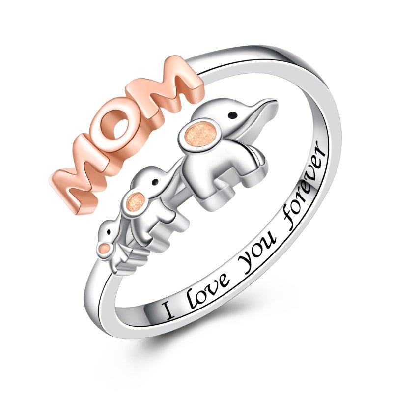 ACJNA 925 Sterling Silver Elephant Ring Mother Daughter Open Love Ring Rose Gold Heart Finger Adjustable Engraved Rings Jewelry for Women Wife Mom Nana - Image 1