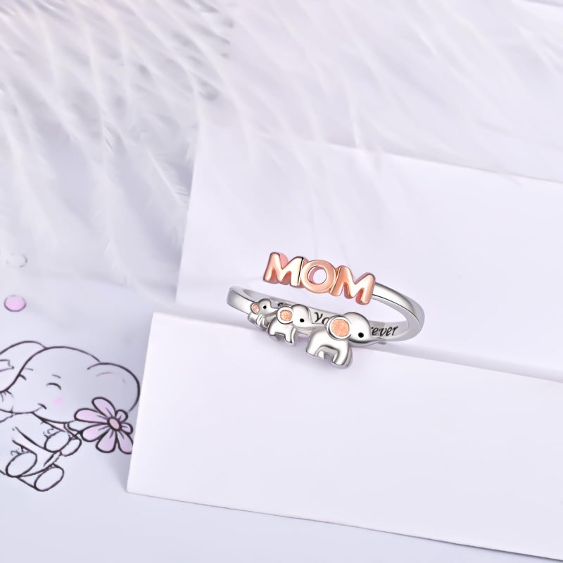 ACJNA 925 Sterling Silver Elephant Ring Mother Daughter Open Love Ring Rose Gold Heart Finger Adjustable Engraved Rings Jewelry for Women Wife Mom Nana - Image 4