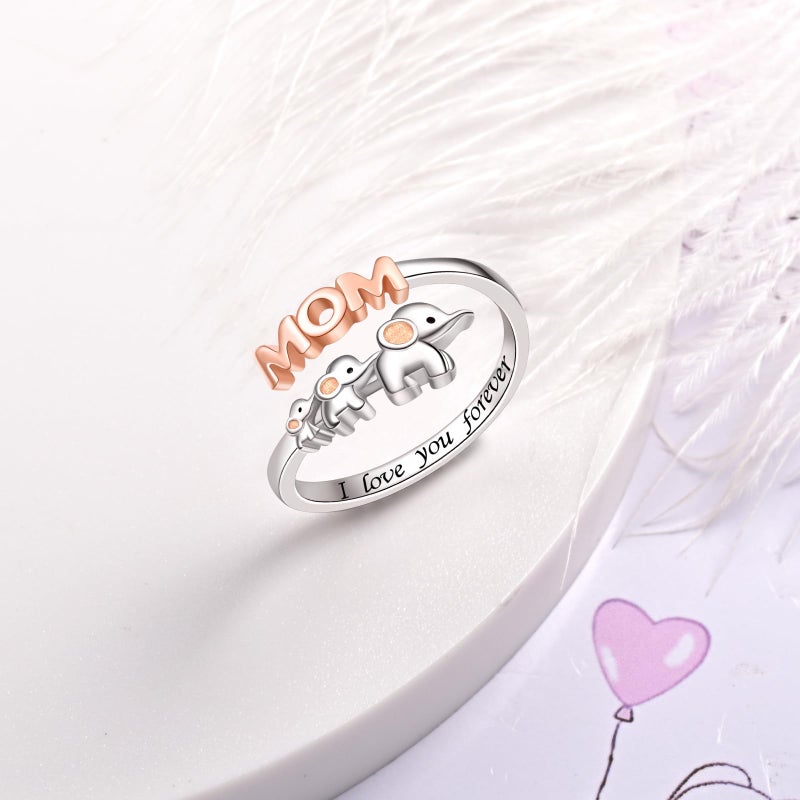 ACJNA 925 Sterling Silver Elephant Ring Mother Daughter Open Love Ring Rose Gold Heart Finger Adjustable Engraved Rings Jewelry for Women Wife Mom Nana - Image 3