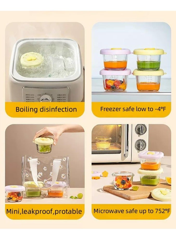 Dominy 4 PCS Glass Baby Food Storage Containers, Leak-Proof Sealed Baby Food Boxes with Capacity Markings, Steamable and Freezable Glass Food Containers, Microwave & Dishwasher Safe,Baby Food Freezer Tray Baby Snack Containers,Yellow & Purple - Image 2