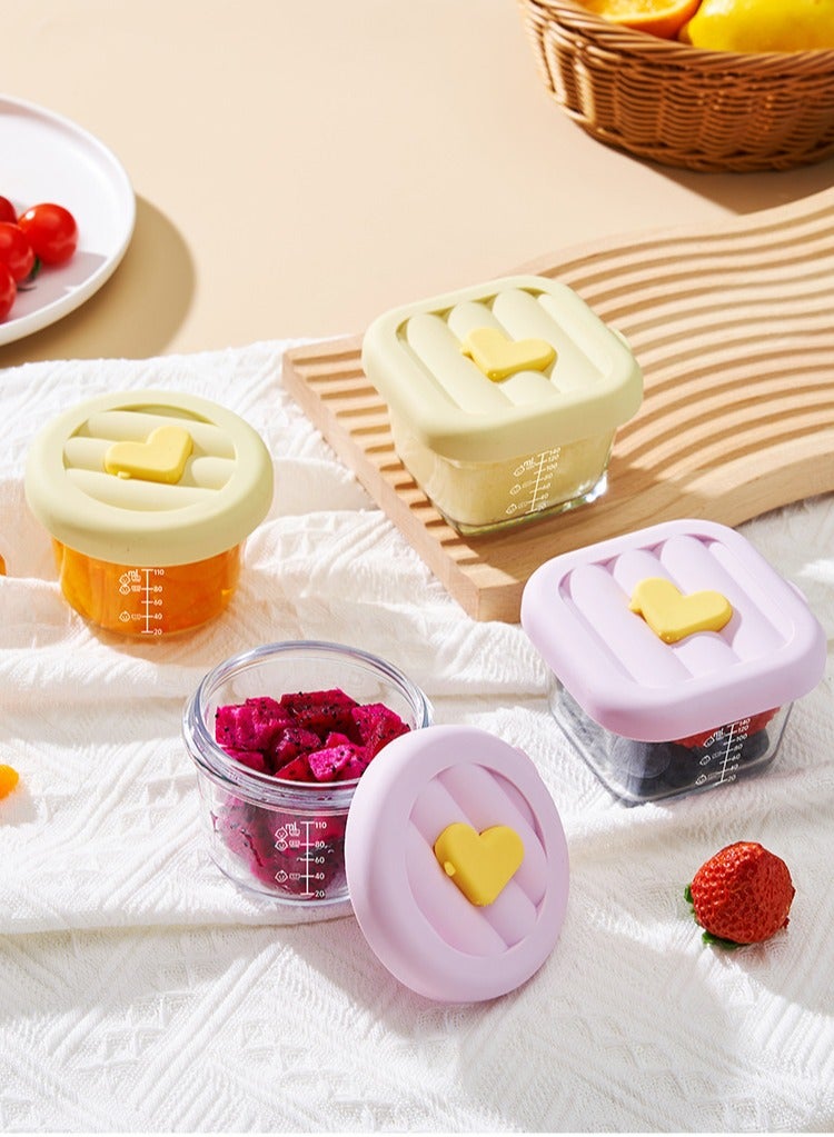 Dominy 4 PCS Glass Baby Food Storage Containers, Leak-Proof Sealed Baby Food Boxes with Capacity Markings, Steamable and Freezable Glass Food Containers, Microwave & Dishwasher Safe,Baby Food Freezer Tray Baby Snack Containers,Yellow & Purple - Image 1
