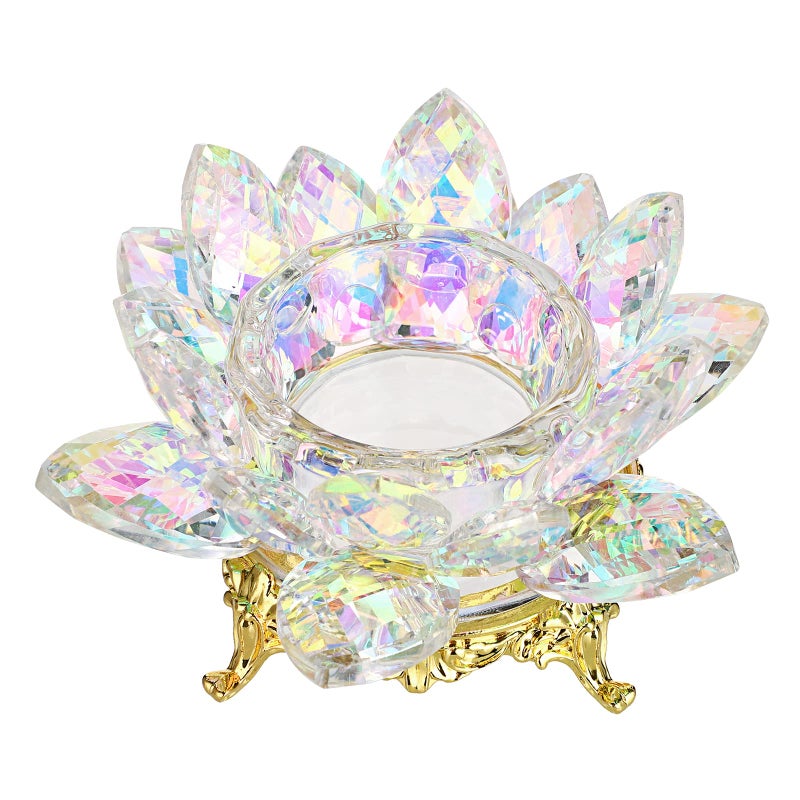 OwnMy OwnMy Crystal Lotus Flower Tea Light Holder Votive Candle Stand with Gold Metal Base AB Color Glass Lotus Tealight Candlestick Holder Candle Lamp for Table Centerpiece Wedding Decor 