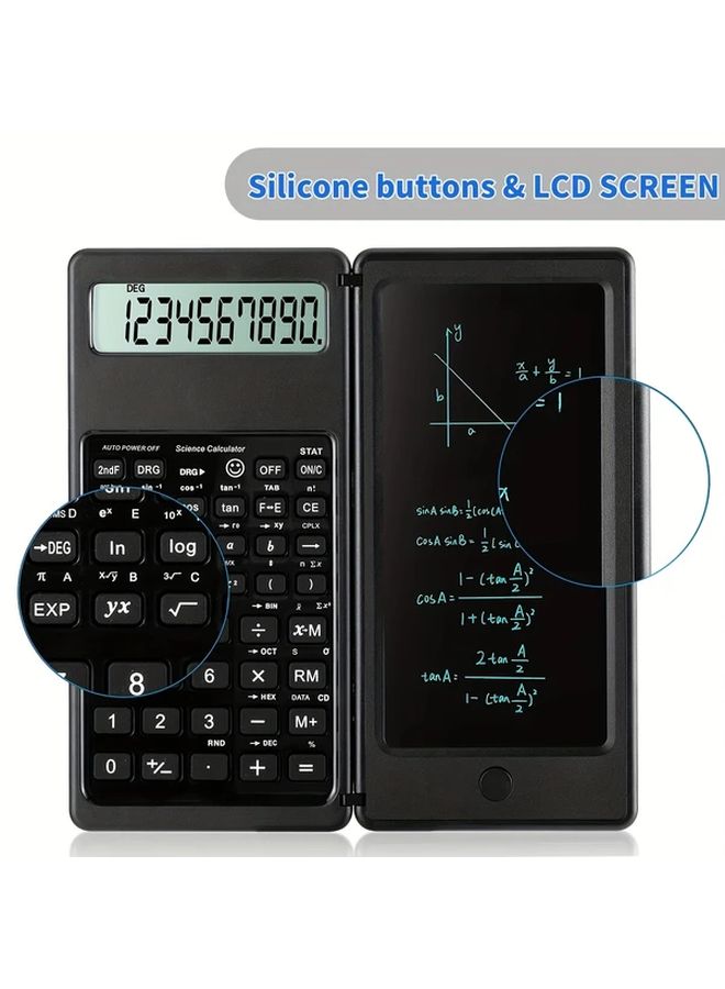 آلة حاسبة علمية قابلة للطي مكونة من 10 أرقام مزودة بشاشة LCD ولوحة كتابة يدوية، تعمل ببطارية مزدوجة، للمعلم والمهندس، باللون الأسود. - Image 4