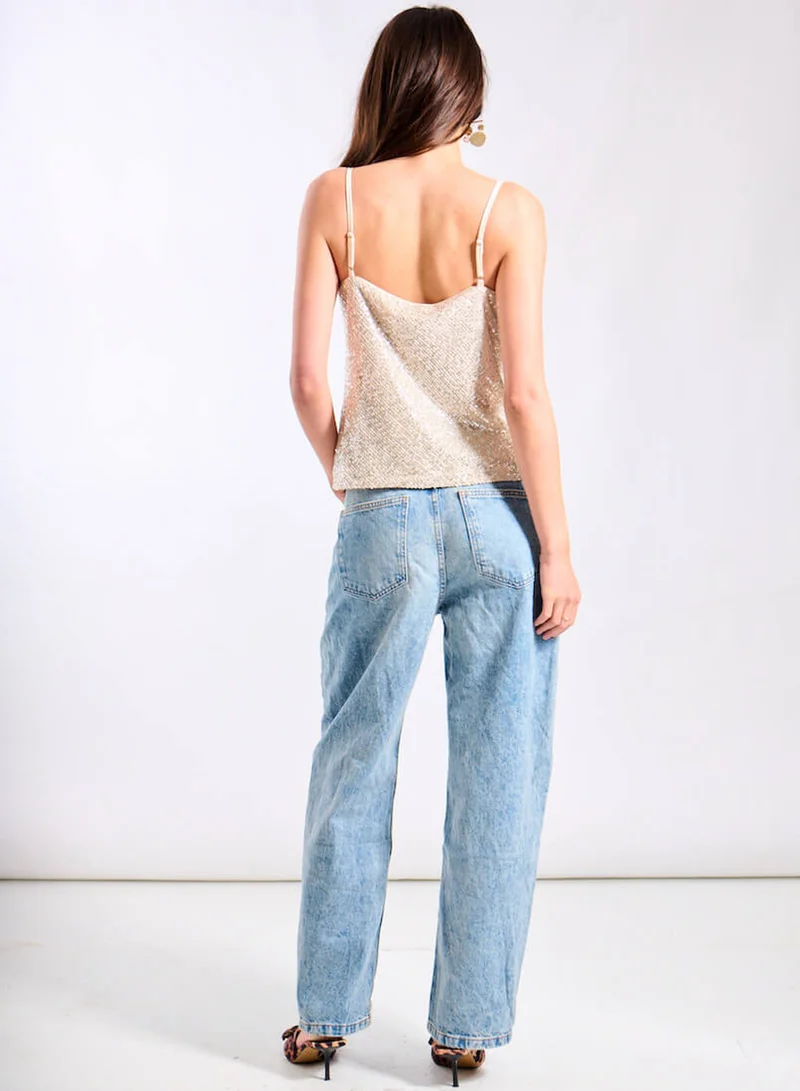Needs No Label  Cream Sequin Cowl Neck Cami Top for Women | Best Price UAE