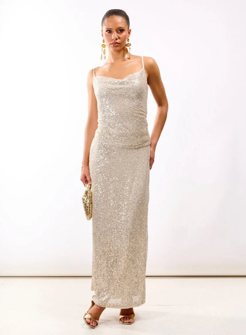 Needs No Label  Cream Sequin Cowl Neck Cami Top for Women | Best Price UAE