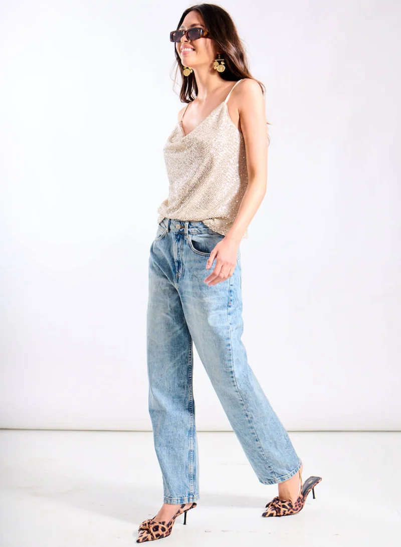 Needs No Label  Cream Sequin Cowl Neck Cami Top for Women | Best Price UAE