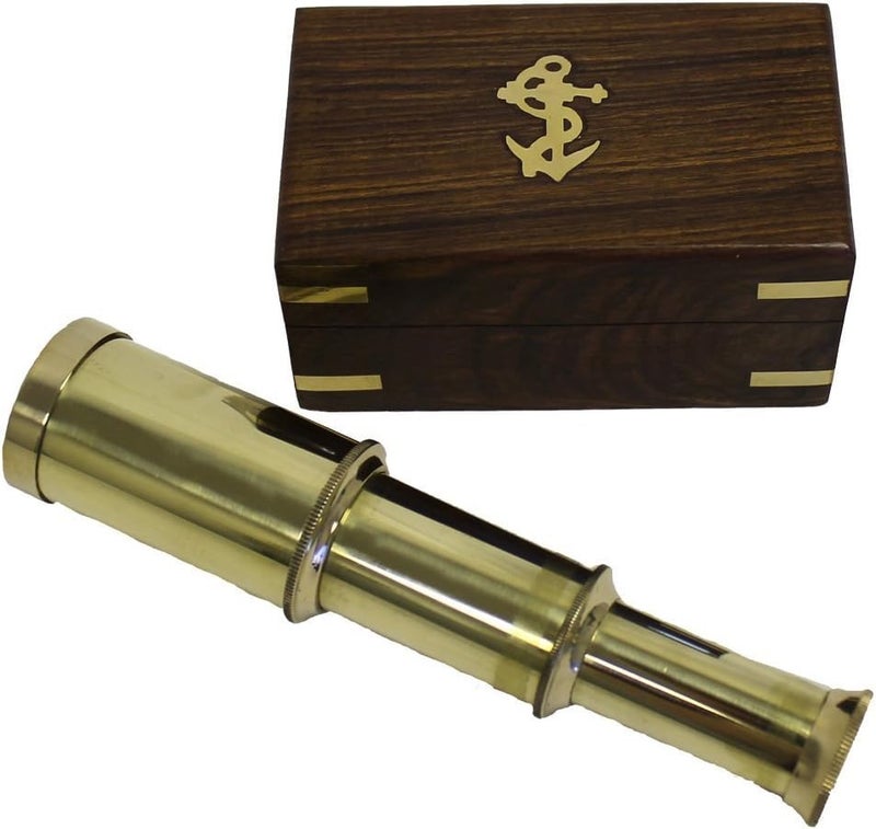 THOR INSTRUMENTS 6 Solid Brass Handheld Telescope - Nautical Pirate Spy Glass with Wood Box Rustic Vintage Home Decor Gifts - Image 1