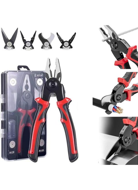 5 Head Pliers Set 5in1 Multifunctional Wire Stripper Combination Interchangeable Pliers Kit Crimping Tool Linesman Pliers Electrician Scissors with Storage Case MultiPurpose Hand Tools