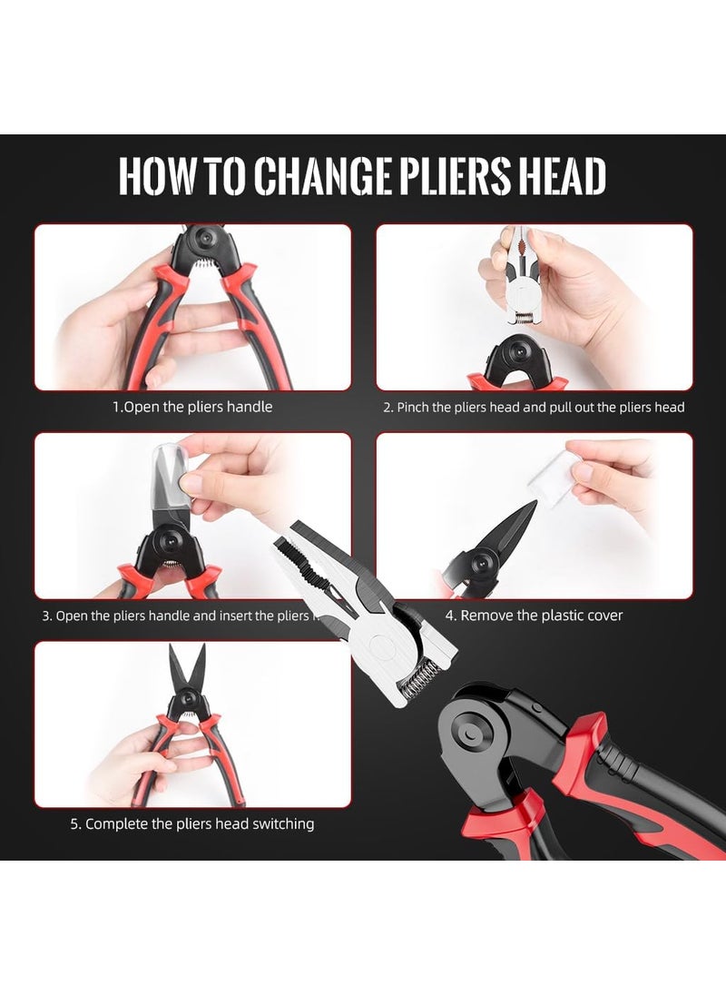 5 Head Pliers Set 5in1 Multifunctional Wire Stripper Combination Interchangeable Pliers Kit Crimping Tool Linesman Pliers Electrician Scissors with Storage Case MultiPurpose Hand Tools