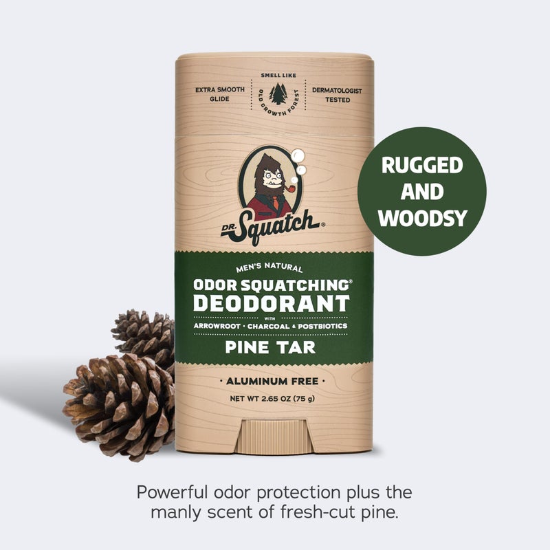 Dr. Squatch Natural Menâ€™s Deodorant â€“ Aluminum Free Natural Deodorant Men with Charcoal & Postbiotics for 72-Hour Odor Protection â€“ Pine Tar, 2.65oz Stick - Image 2