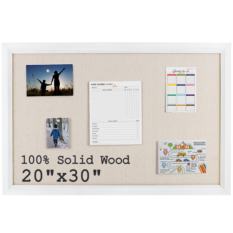 Acovy Bulletin Board Cork Board with Linen, 100% Wood Framed 30" x 20" Bulletin Board Decorations, Pin Boards for Walls, Wall Mounted Fabric Picture Board with 10 Pushpins for School, Home & Office, White - Image 1