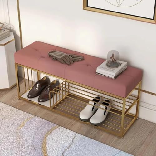 Skafa Metal End of Bed Bench-Upholstered Entry Shoe Storage with Nailhead Trim,Black Mental Frame Ottoman Bench for Bedroom Entry Window Mudroom Living Room (Pink) - Image 4