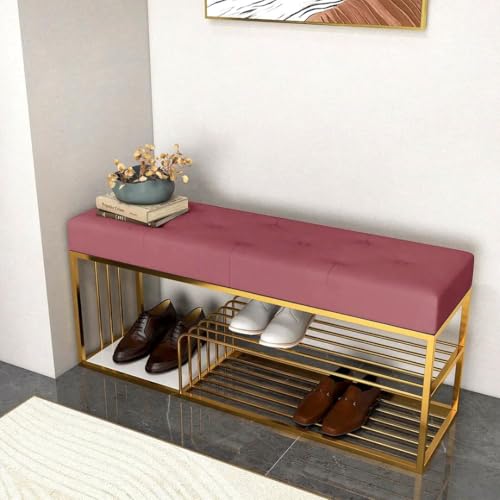 Skafa Metal End of Bed Bench-Upholstered Entry Shoe Storage with Nailhead Trim,Black Mental Frame Ottoman Bench for Bedroom Entry Window Mudroom Living Room (Pink) - Image 2