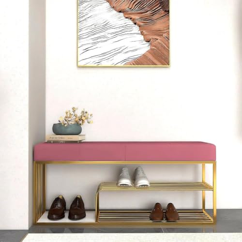 Skafa Metal End of Bed Bench-Upholstered Entry Shoe Storage with Nailhead Trim,Black Mental Frame Ottoman Bench for Bedroom Entry Window Mudroom Living Room (Pink) - Image 3