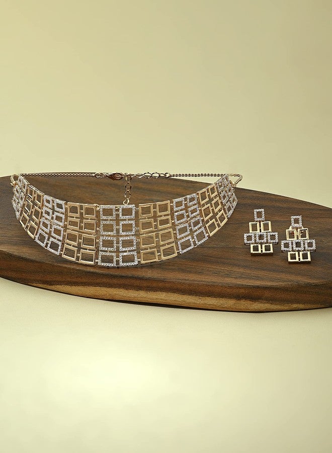 Ami Rose Gold Dazzling Cubic Zirconia Bling Choker Necklace and Earring Set For Women-ZPFK20331 - Image 3