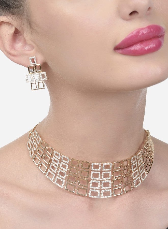 Ami Rose Gold Dazzling Cubic Zirconia Bling Choker Necklace and Earring Set For Women-ZPFK20331 - Image 2