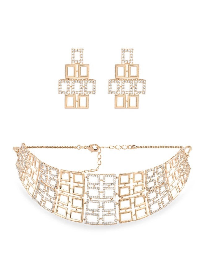 Ami Rose Gold Dazzling Cubic Zirconia Bling Choker Necklace and Earring Set For Women-ZPFK20331 - Image 1