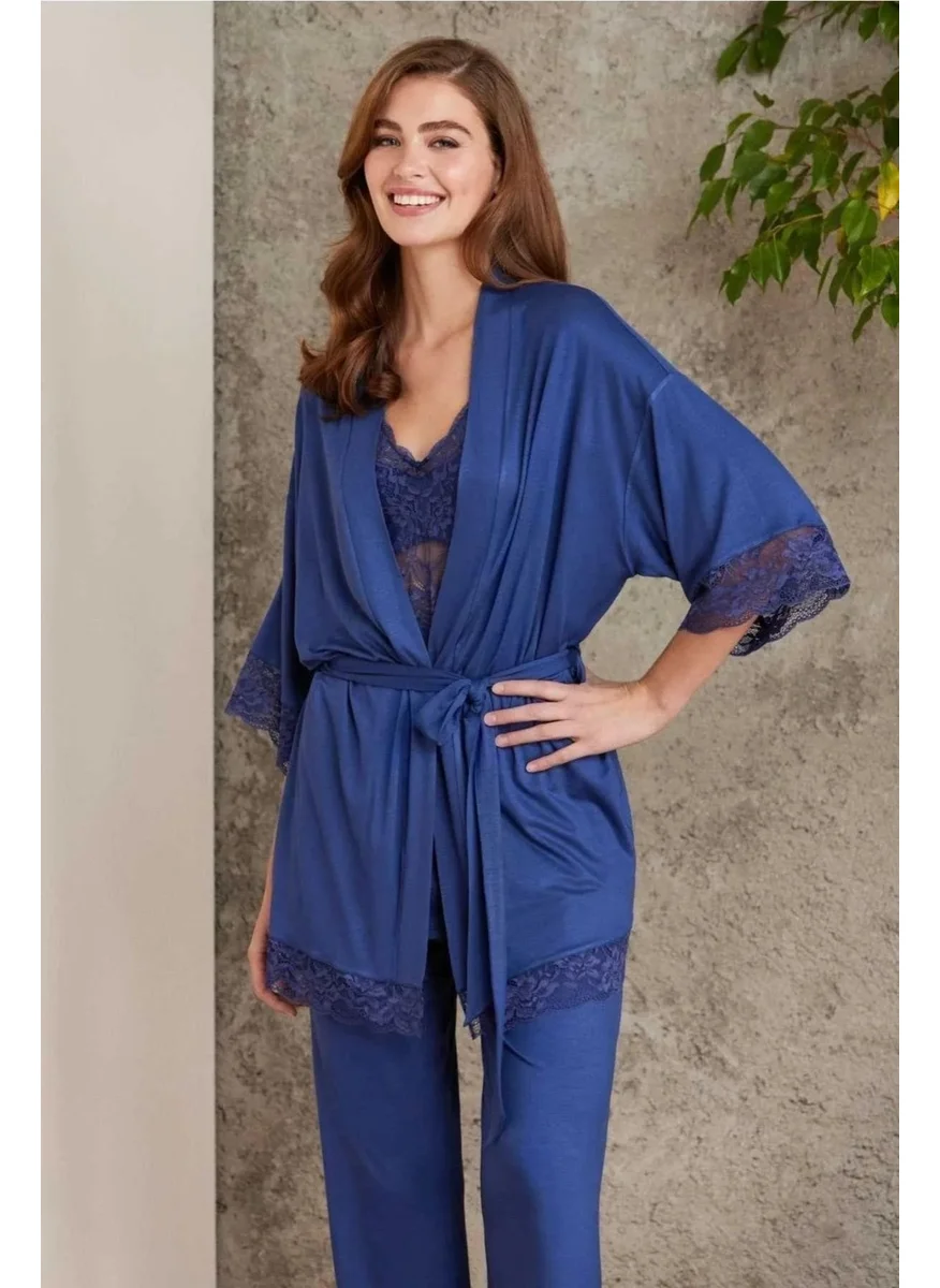 pierre cardin 2810 Women's Lace Combed Cotton Pajama Set with Robe-Navy Blue