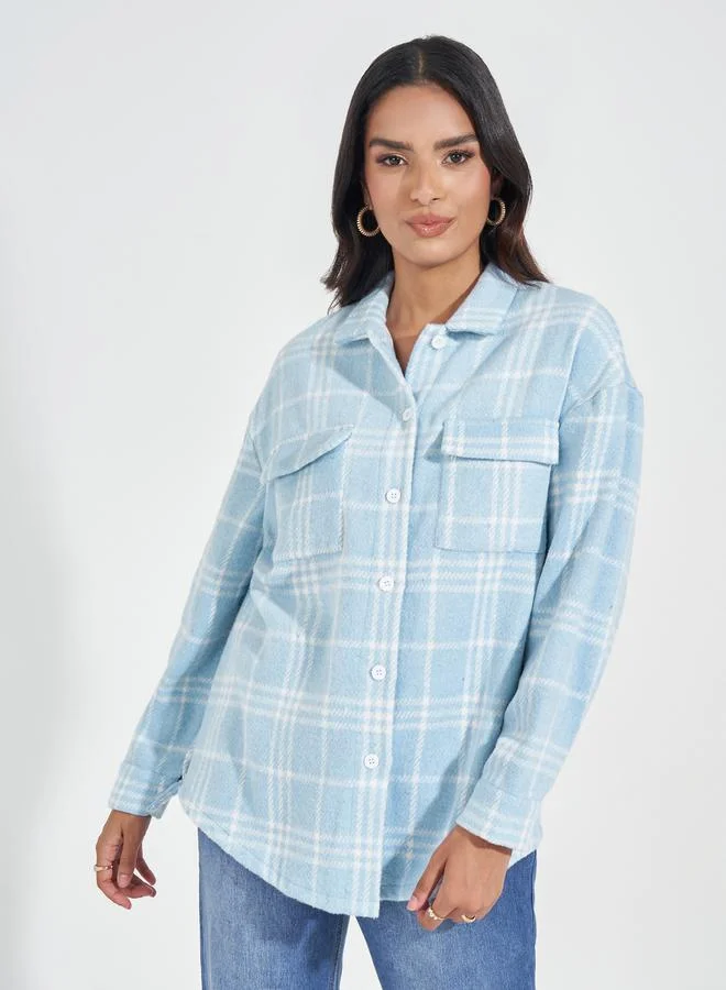 Styli Oversized Longline Wool Like Checked Shacket