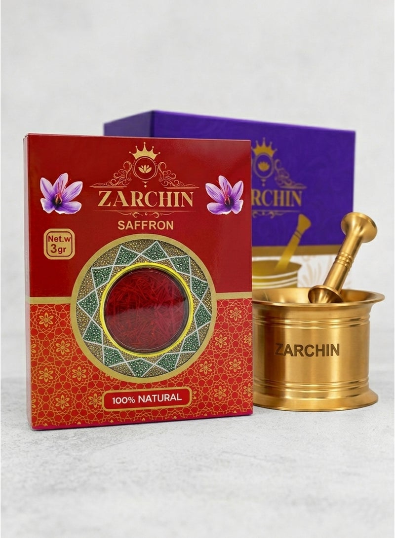 Zarchin Saffron Gift Set - Super Negin Saffron 3g with Brass Saffron Mortar & Pestle