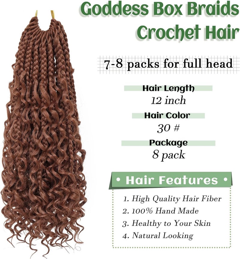 Eerya Goddess Box Braids Crochet Hair 12 Inch 8 Packs Pre-looped Bohemian Crochet Boho Box Braids With Curly Ends 3X Crochet Braids Hair for Women Synthetic Braiding Hair (#30) - Image 3