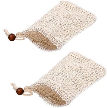 nuoshen 2 pcs Sisal Soap Bag Natural Organic Soap Bag Exfoliating Soap Saver Pouch with Drawstring for Foaming Drying Soaps Exfoliation - Image 1