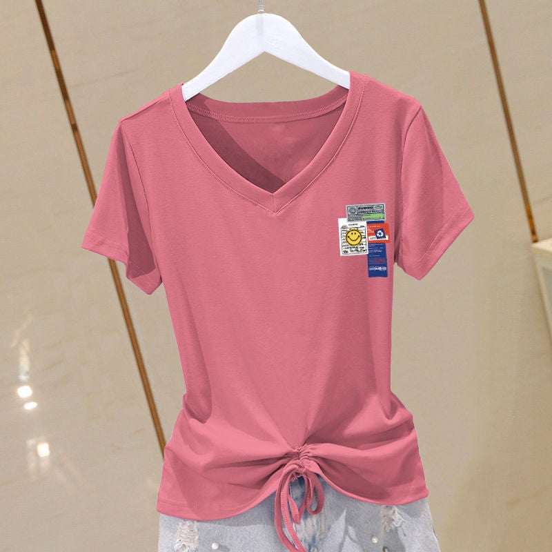 Summer Plus Size Cotton V-Neck Slimming Tee for Women Pink-puzzle Smiley [right]]