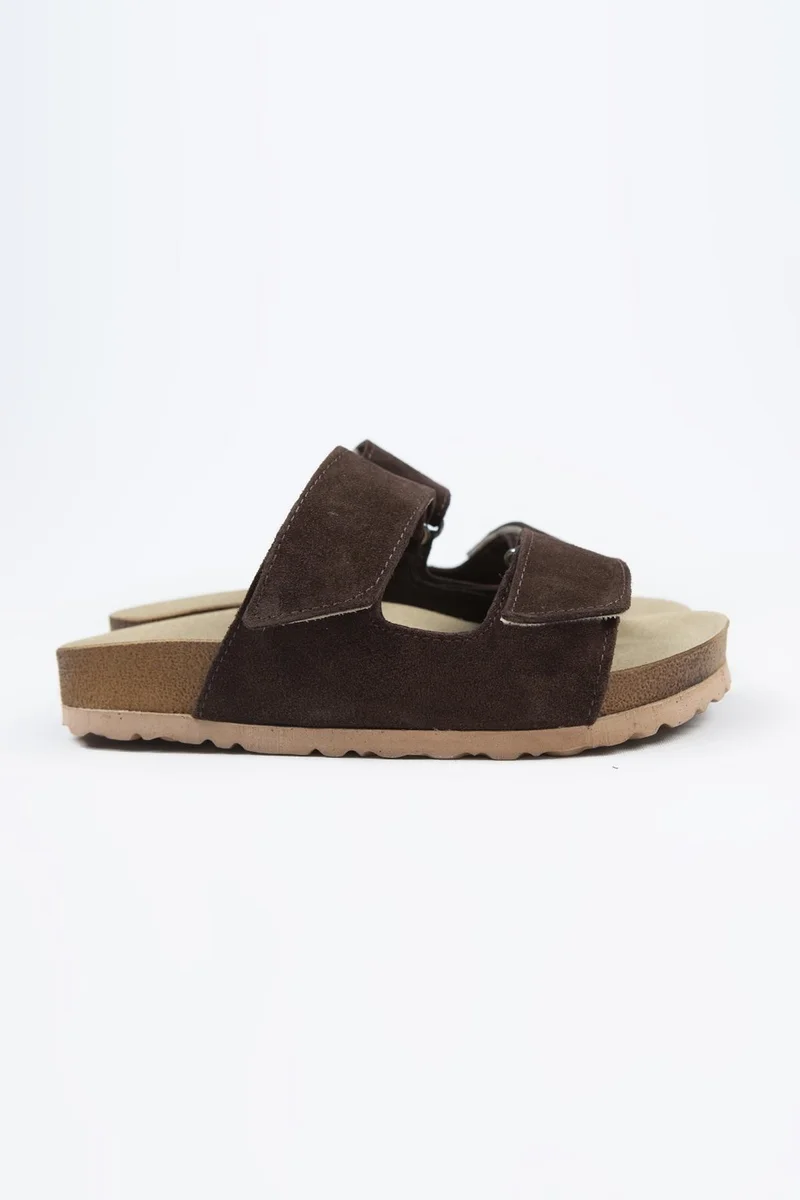 Manijero Manijero Vina Women's Genuine Leather Velcro Brown Slippers